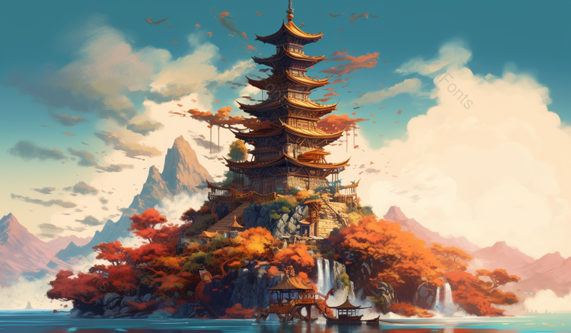 中国风蓝天白云背景古典风格寺庙建筑山水横版画,插画/手绘图,插画/手绘图库,插画/手绘图下载,插画/手绘